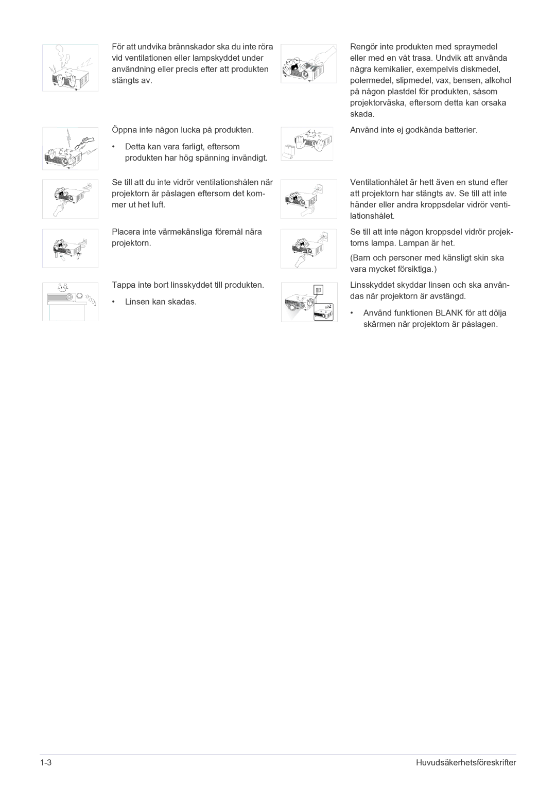 Samsung SP2203XWCX/EN manual Huvudsäkerhetsföreskrifter 