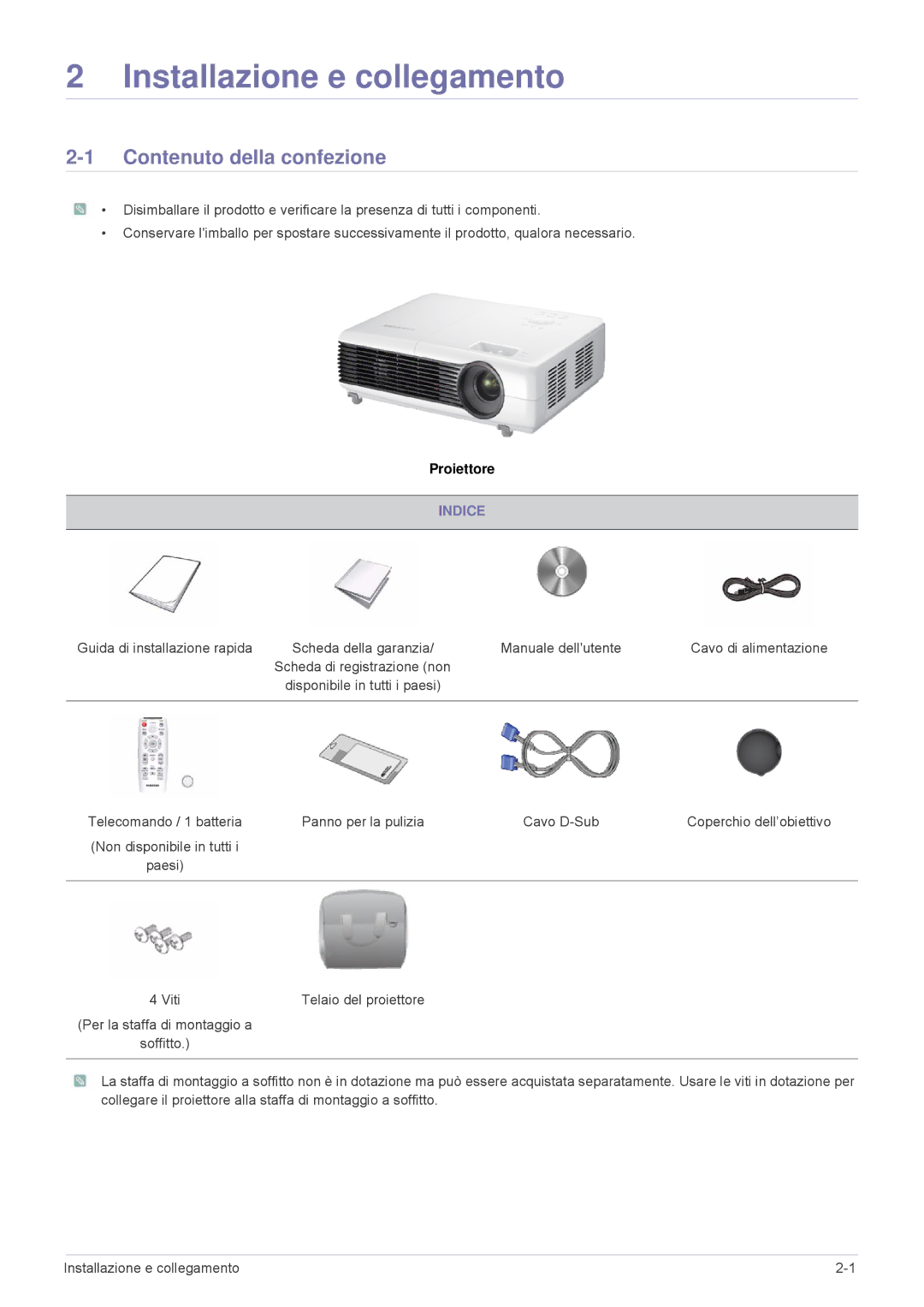 Samsung SP2003XWX/EN, SP2203XWX/EN, SP2503XWX/EN manual Contenuto della confezione, Indice 