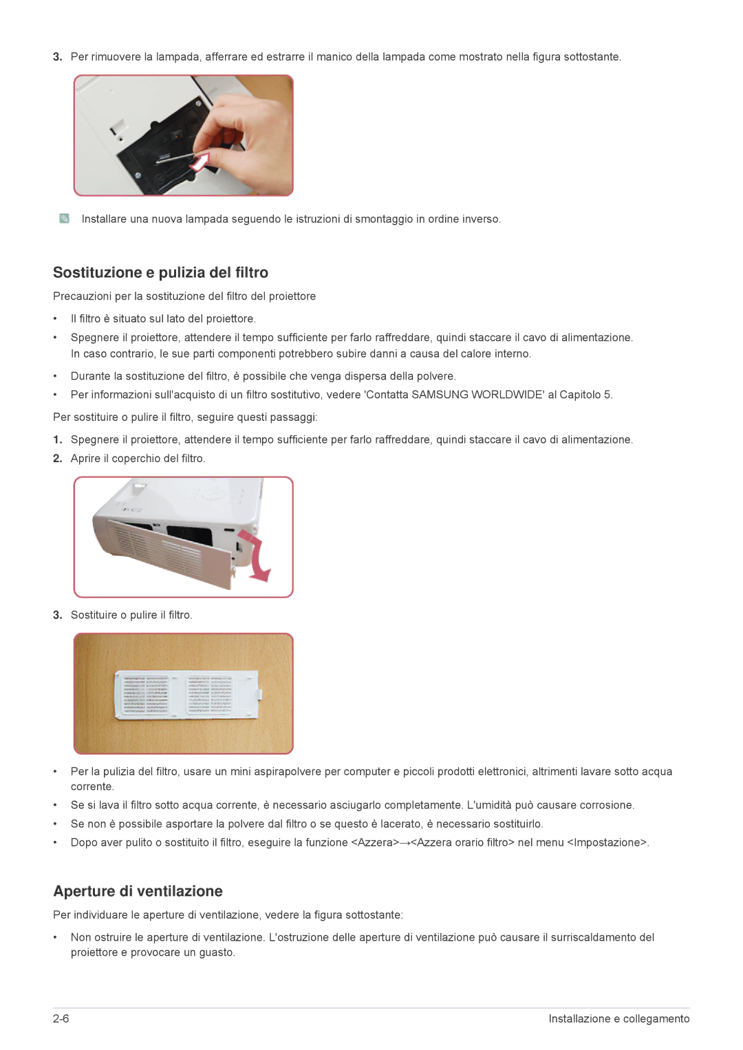 Samsung SP2203XWX/EN, SP2503XWX/EN, SP2003XWX/EN manual Sostituzione e pulizia del filtro, Aperture di ventilazione 