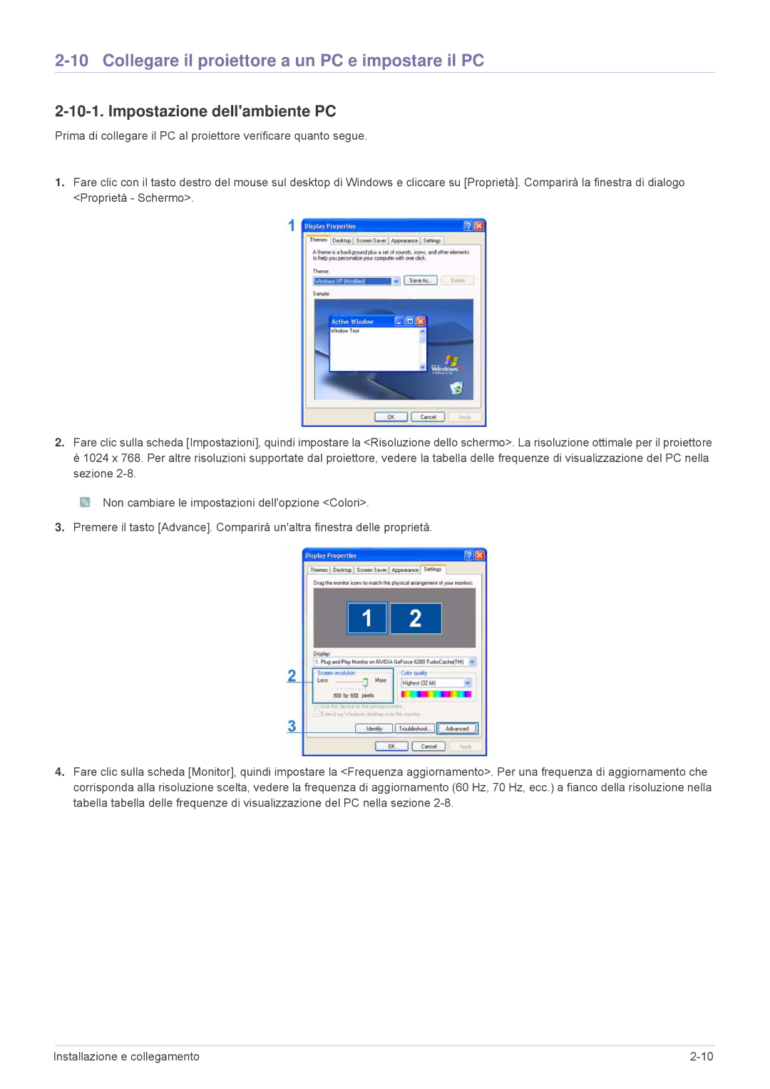 Samsung SP2503XWX/EN, SP2203XWX/EN manual Collegare il proiettore a un PC e impostare il PC, Impostazione dellambiente PC 