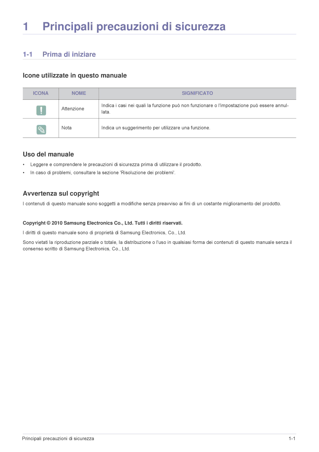 Samsung SP2203XWX/EN Prima di iniziare, Icone utilizzate in questo manuale, Uso del manuale, Avvertenza sul copyright 