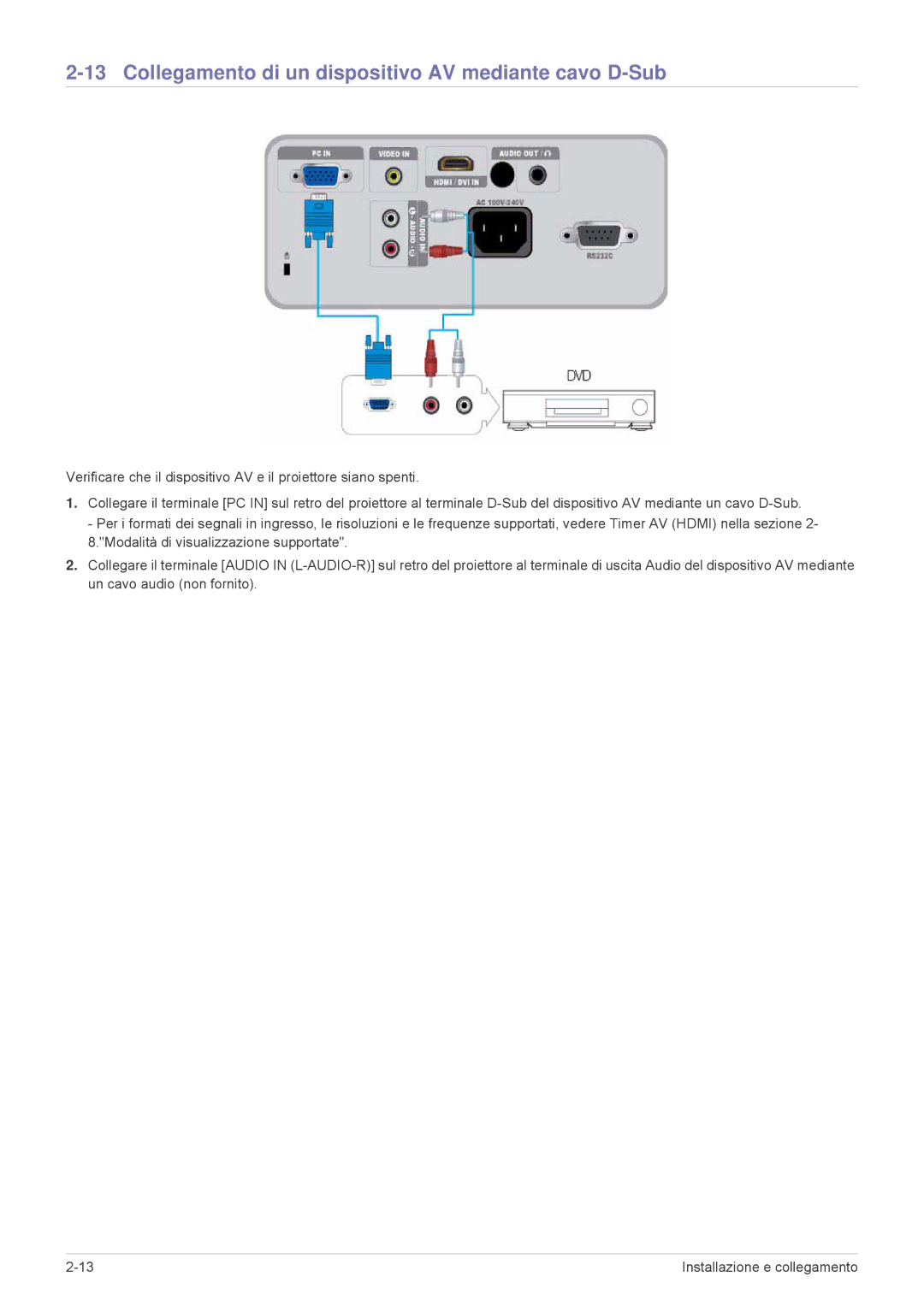 Samsung SP2203XWX/EN, SP2503XWX/EN, SP2003XWX/EN manual Collegamento di un dispositivo AV mediante cavo D-Sub 