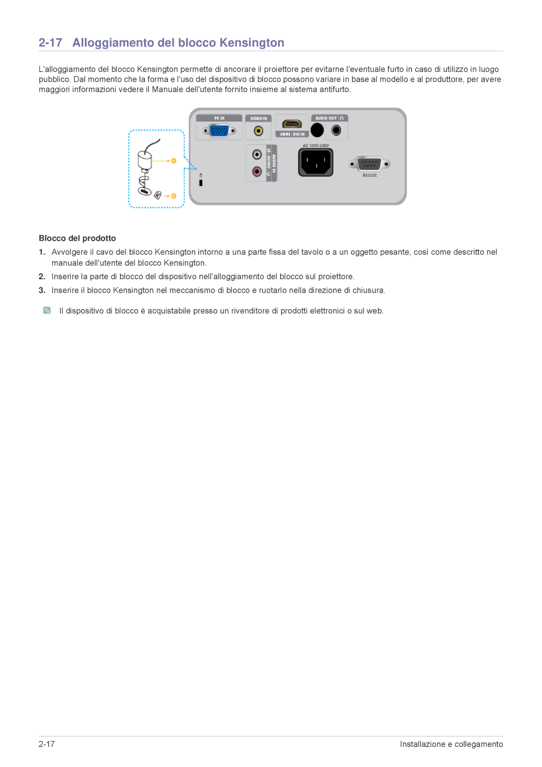 Samsung SP2503XWX/EN, SP2203XWX/EN, SP2003XWX/EN manual Alloggiamento del blocco Kensington, Blocco del prodotto 