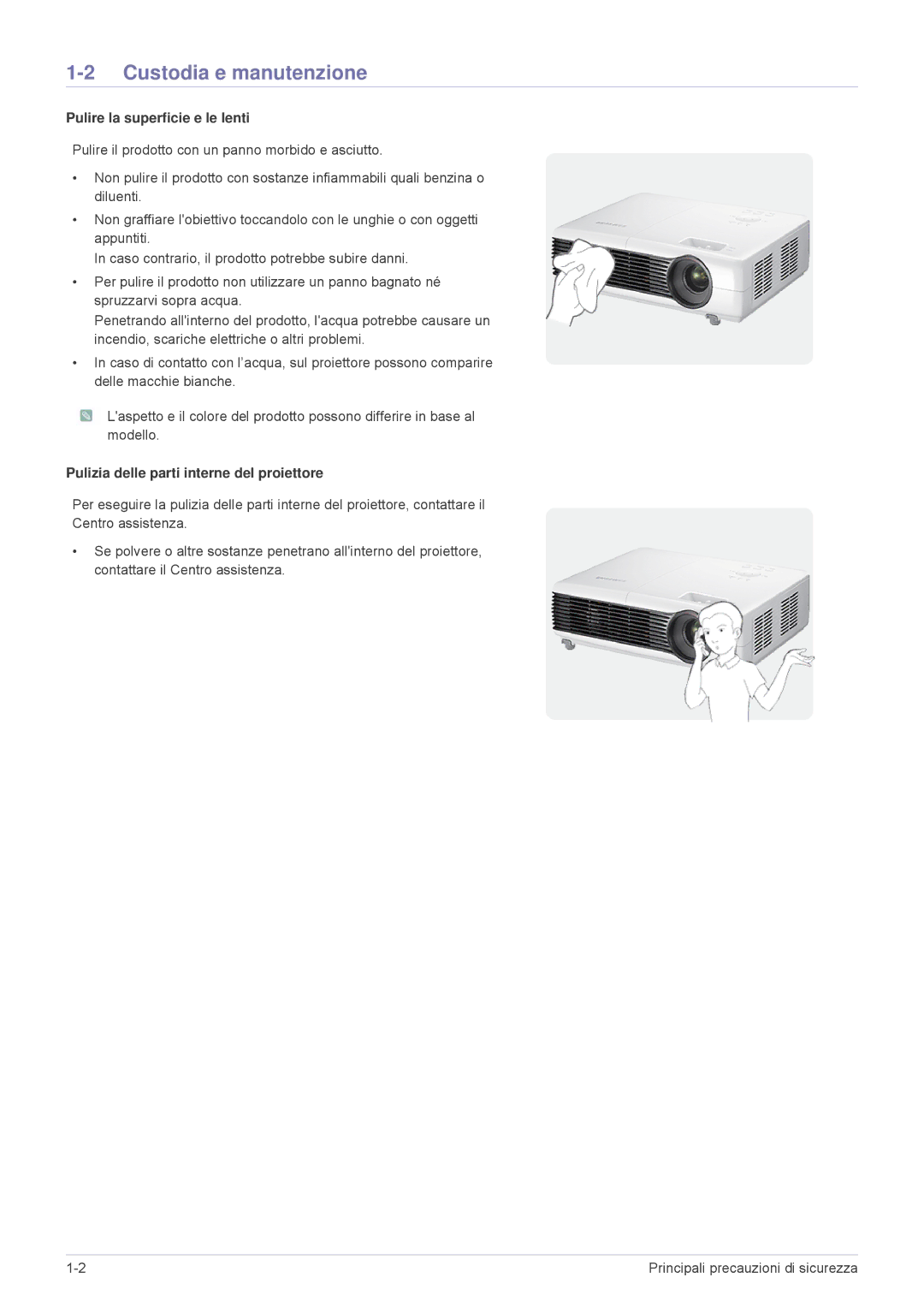 Samsung SP2503XWX/EN, SP2203XWX/EN, SP2003XWX/EN manual Custodia e manutenzione, Pulire la superficie e le lenti 