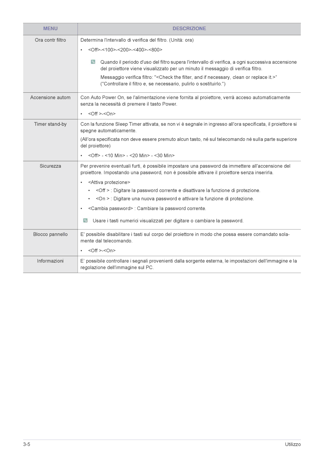 Samsung SP2003XWX/EN Determina lintervallo di verifica del filtro. Unità ora, Off-100-200-400-800, Spegne automaticamente 