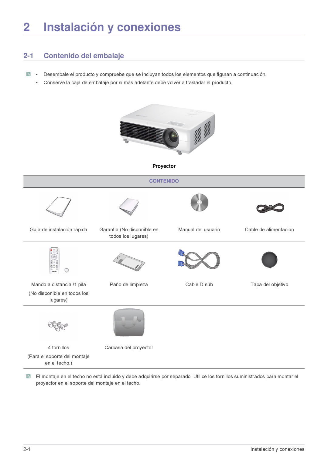 Samsung SP2503XWX/EN, SP2203XWX/EN, SP2003XWX/EN manual Contenido del embalaje 