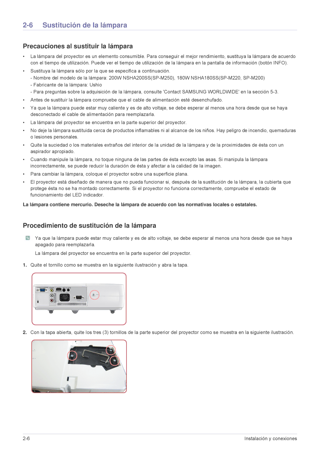 Samsung SP2503XWX/EN, SP2203XWX/EN, SP2003XWX/EN manual Sustitución de la lámpara, Precauciones al sustituir la lámpara 