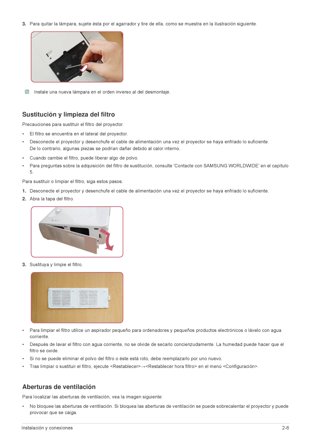 Samsung SP2003XWX/EN, SP2203XWX/EN, SP2503XWX/EN manual Sustitución y limpieza del filtro, Aberturas de ventilación 