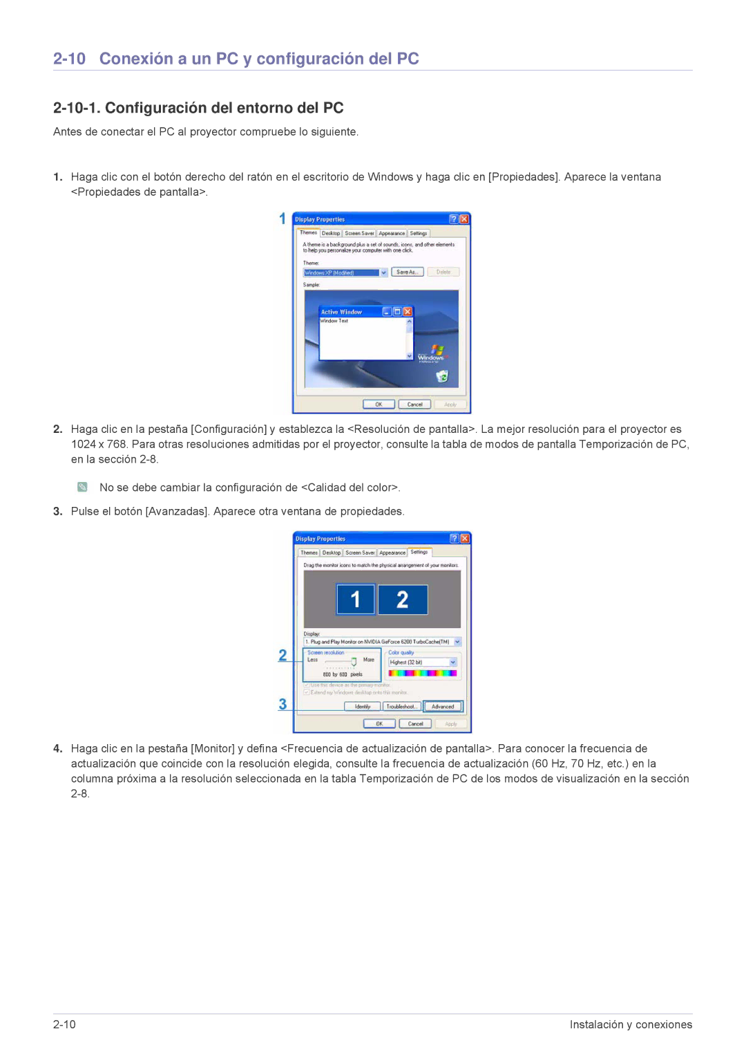 Samsung SP2203XWX/EN, SP2503XWX/EN, SP2003XWX/EN Conexión a un PC y configuración del PC, Configuración del entorno del PC 