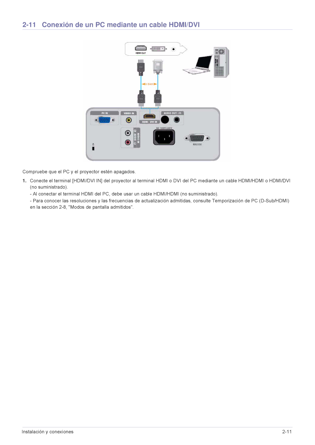 Samsung SP2203XWX/EN, SP2503XWX/EN, SP2003XWX/EN manual Conexión de un PC mediante un cable HDMI/DVI 