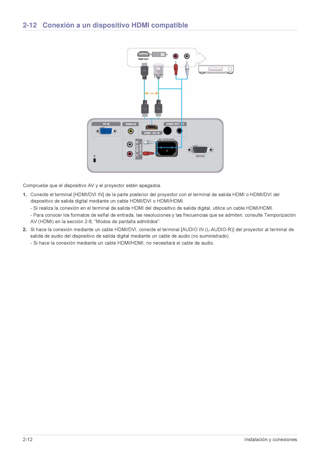 Samsung SP2503XWX/EN, SP2203XWX/EN, SP2003XWX/EN manual Conexión a un dispositivo Hdmi compatible 