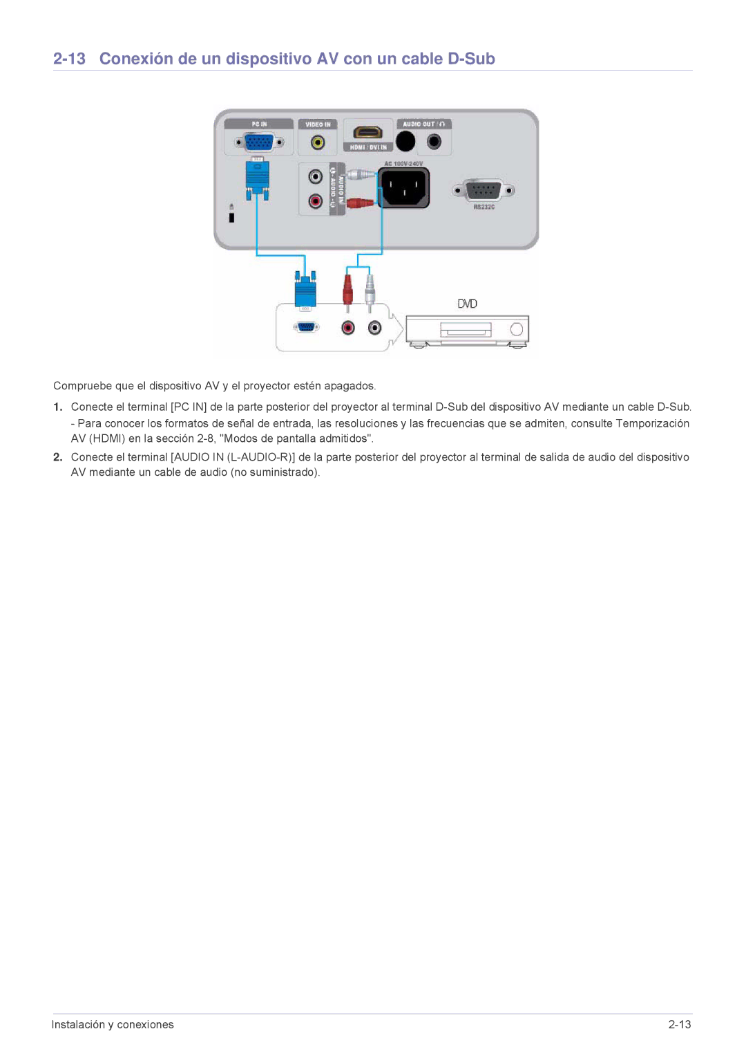 Samsung SP2003XWX/EN, SP2203XWX/EN, SP2503XWX/EN manual Conexión de un dispositivo AV con un cable D-Sub 