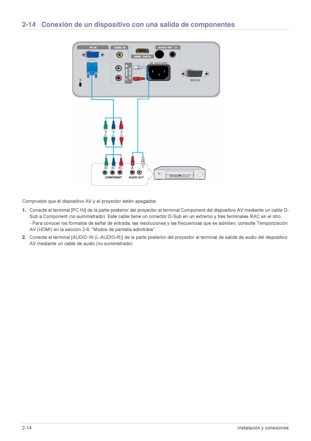 Samsung SP2203XWX/EN, SP2503XWX/EN, SP2003XWX/EN manual Conexión de un dispositivo con una salida de componentes 