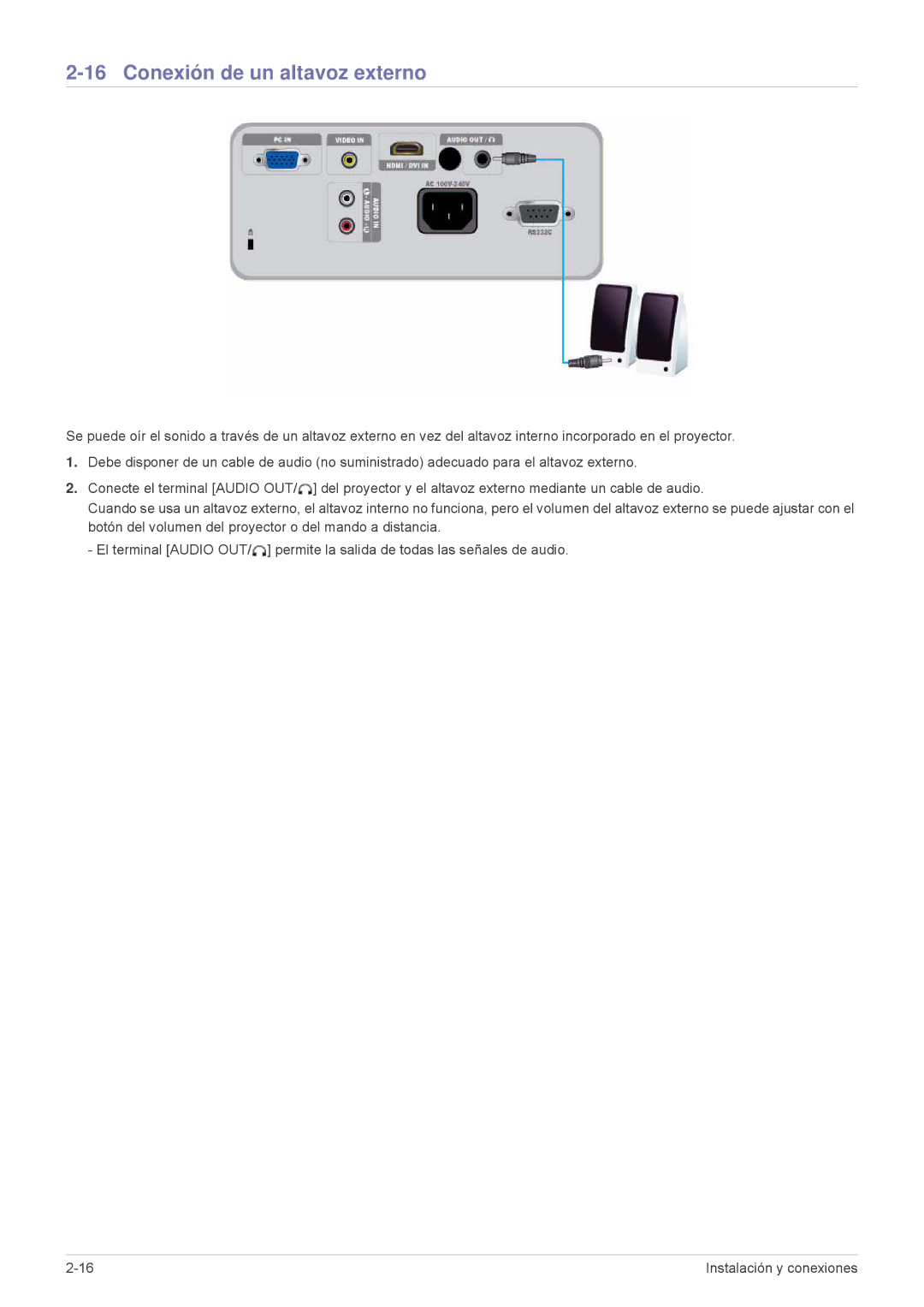 Samsung SP2003XWX/EN, SP2203XWX/EN, SP2503XWX/EN manual Conexión de un altavoz externo 