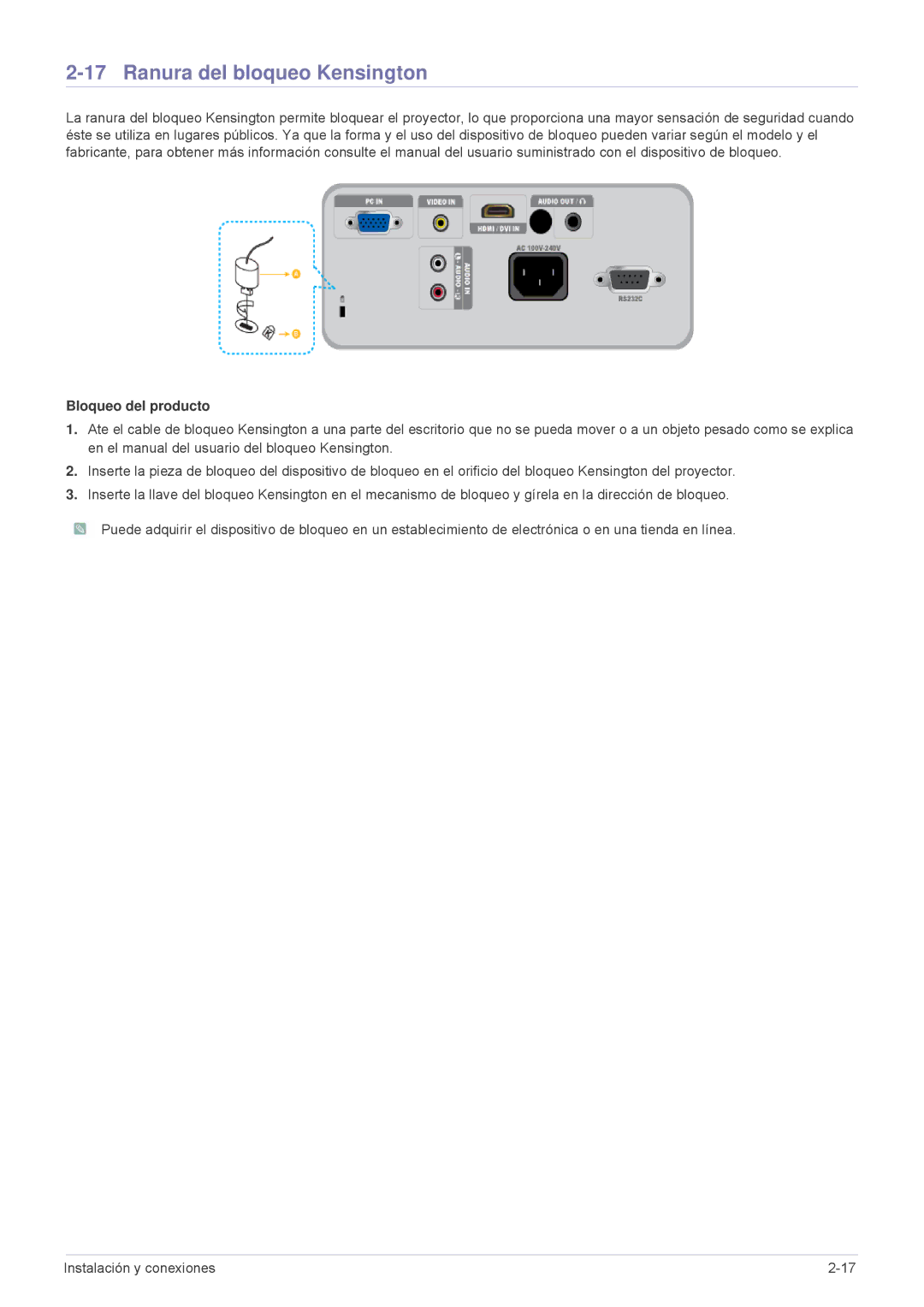 Samsung SP2203XWX/EN, SP2503XWX/EN, SP2003XWX/EN manual Ranura del bloqueo Kensington, Bloqueo del producto 