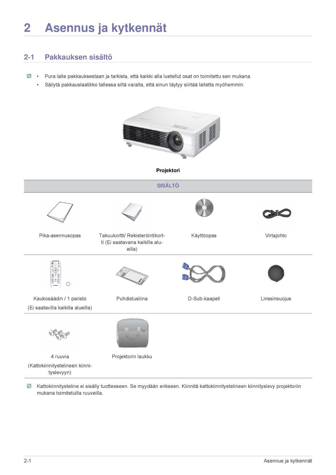 Samsung SP2203XWX/EN, SP2503XWX/EN manual Pakkauksen sisältö, Sisältö 