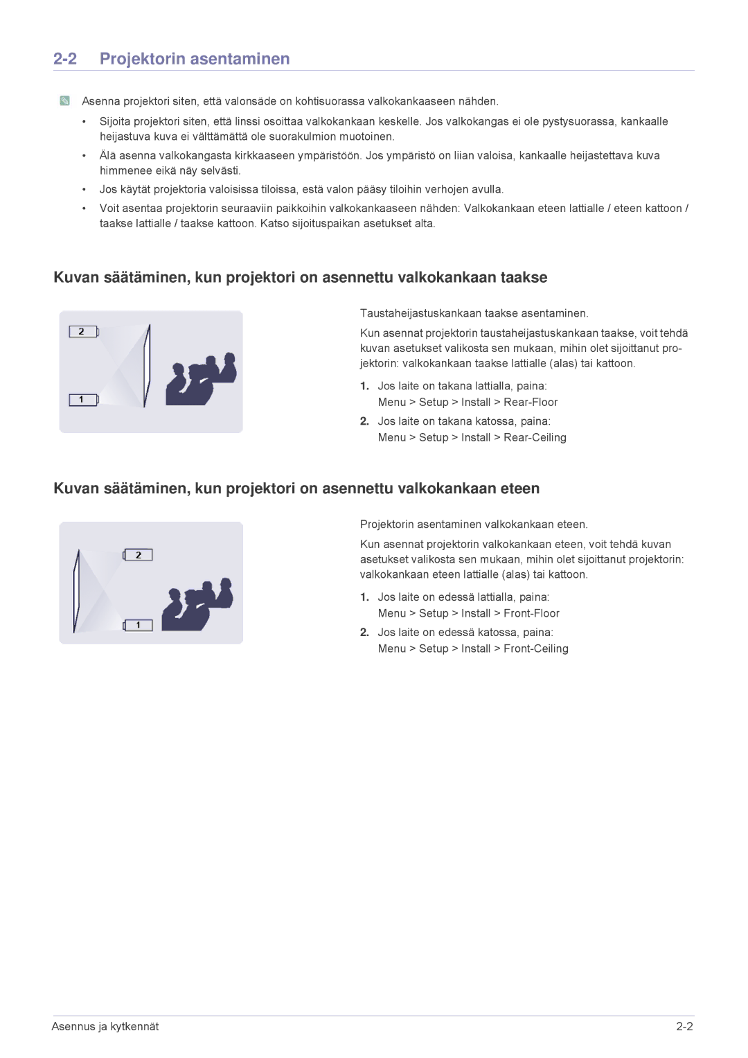 Samsung SP2503XWX/EN, SP2203XWX/EN manual Projektorin asentaminen, Taustaheijastuskankaan taakse asentaminen 