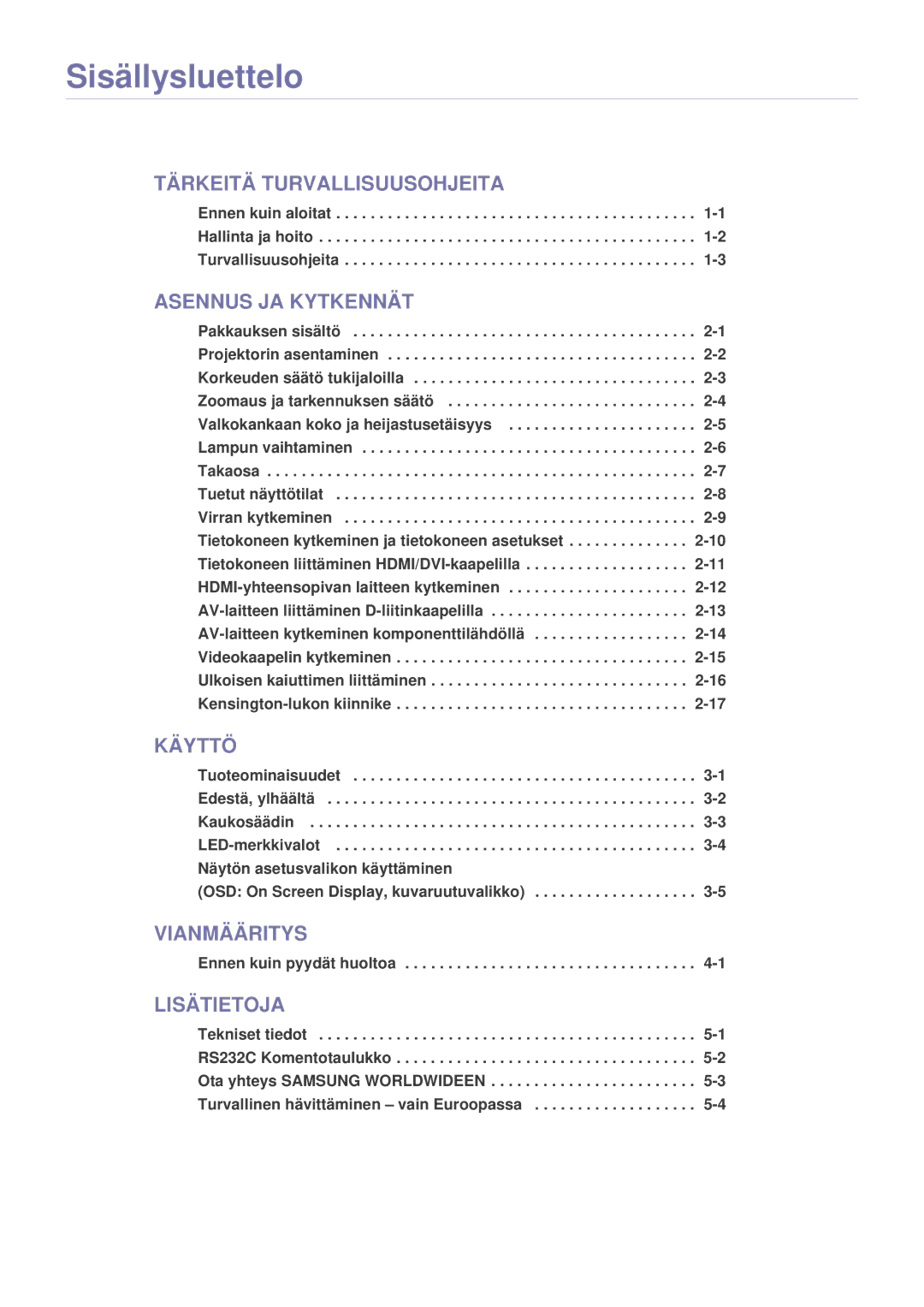 Samsung SP2203XWX/EN, SP2503XWX/EN manual Sisällysluettelo 