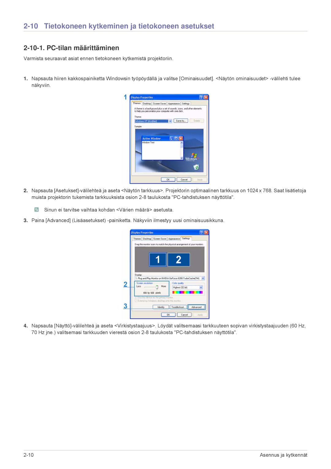 Samsung SP2203XWX/EN, SP2503XWX/EN manual Tietokoneen kytkeminen ja tietokoneen asetukset, PC-tilan määrittäminen 