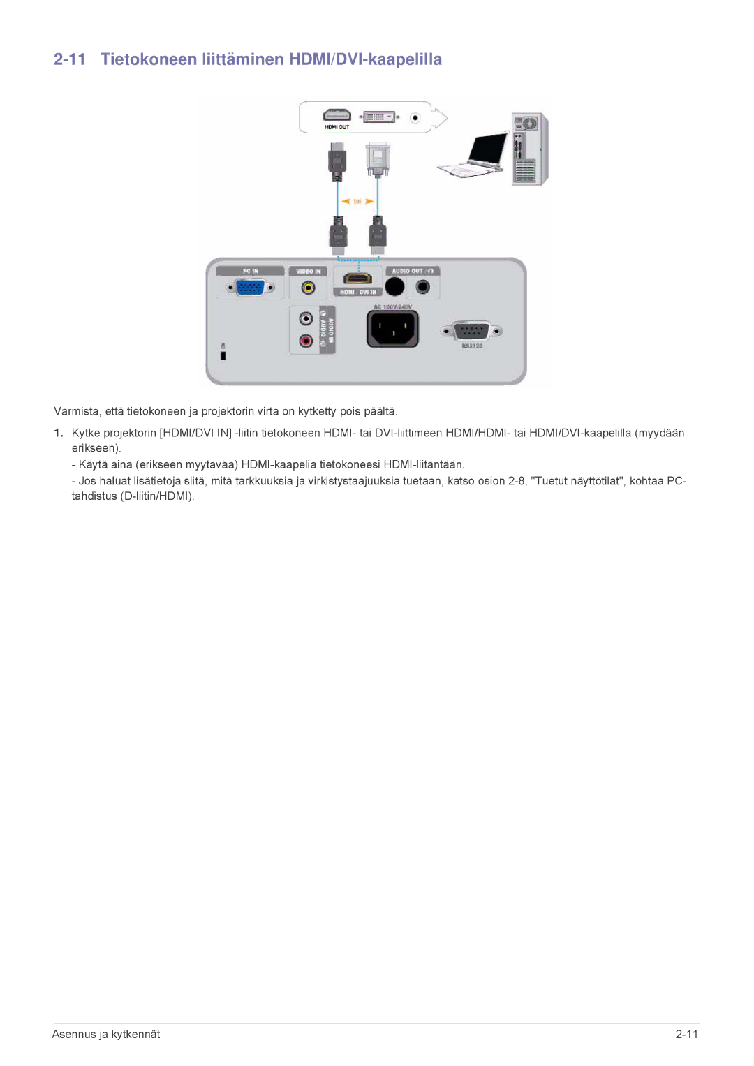 Samsung SP2503XWX/EN, SP2203XWX/EN manual Tietokoneen liittäminen HDMI/DVI-kaapelilla 