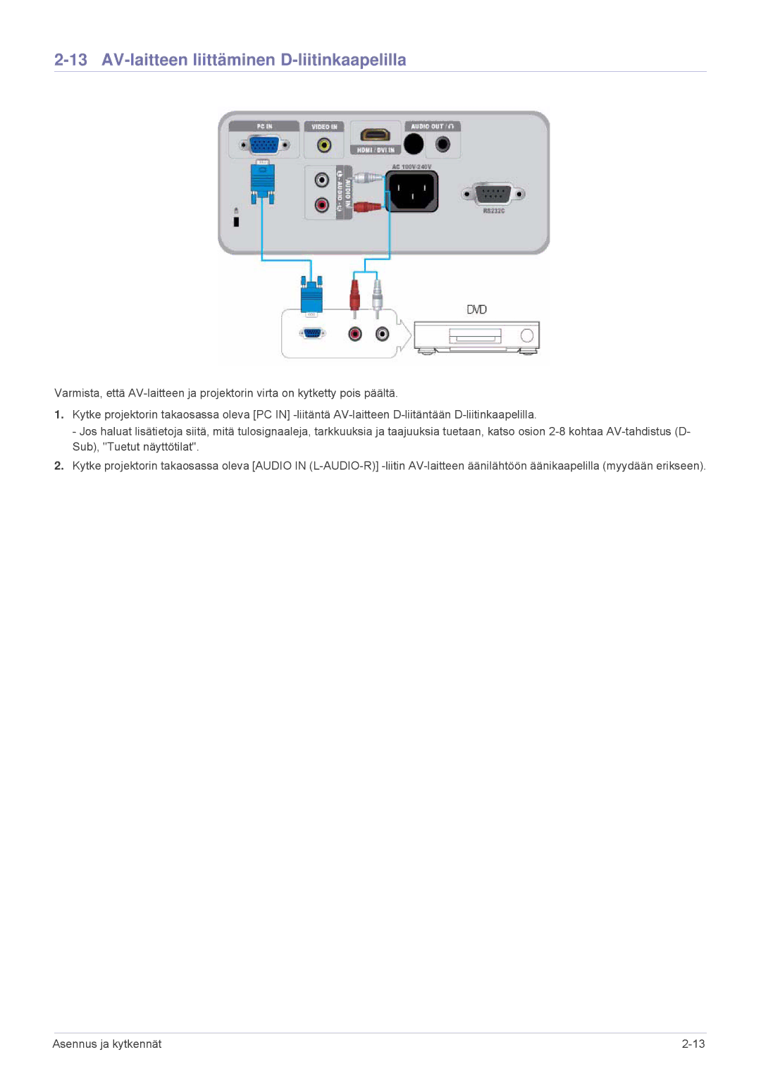 Samsung SP2503XWX/EN, SP2203XWX/EN manual AV-laitteen liittäminen D-liitinkaapelilla 