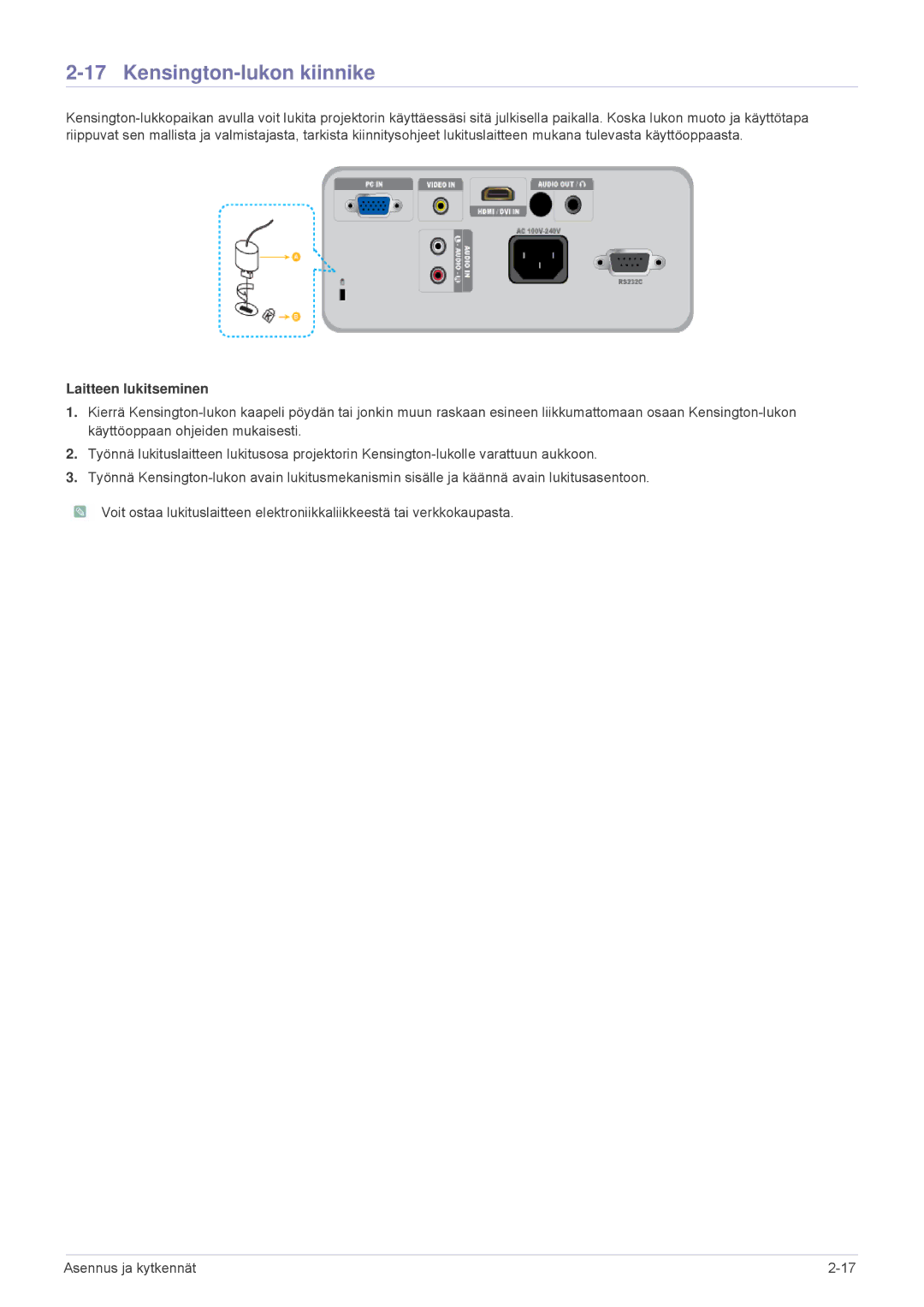 Samsung SP2503XWX/EN, SP2203XWX/EN manual Kensington-lukon kiinnike, Laitteen lukitseminen 