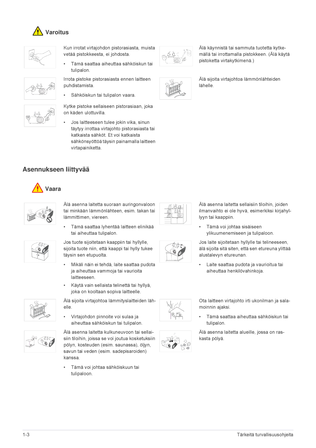 Samsung SP2203XWX/EN, SP2503XWX/EN manual Asennukseen liittyvää, Varoitus 