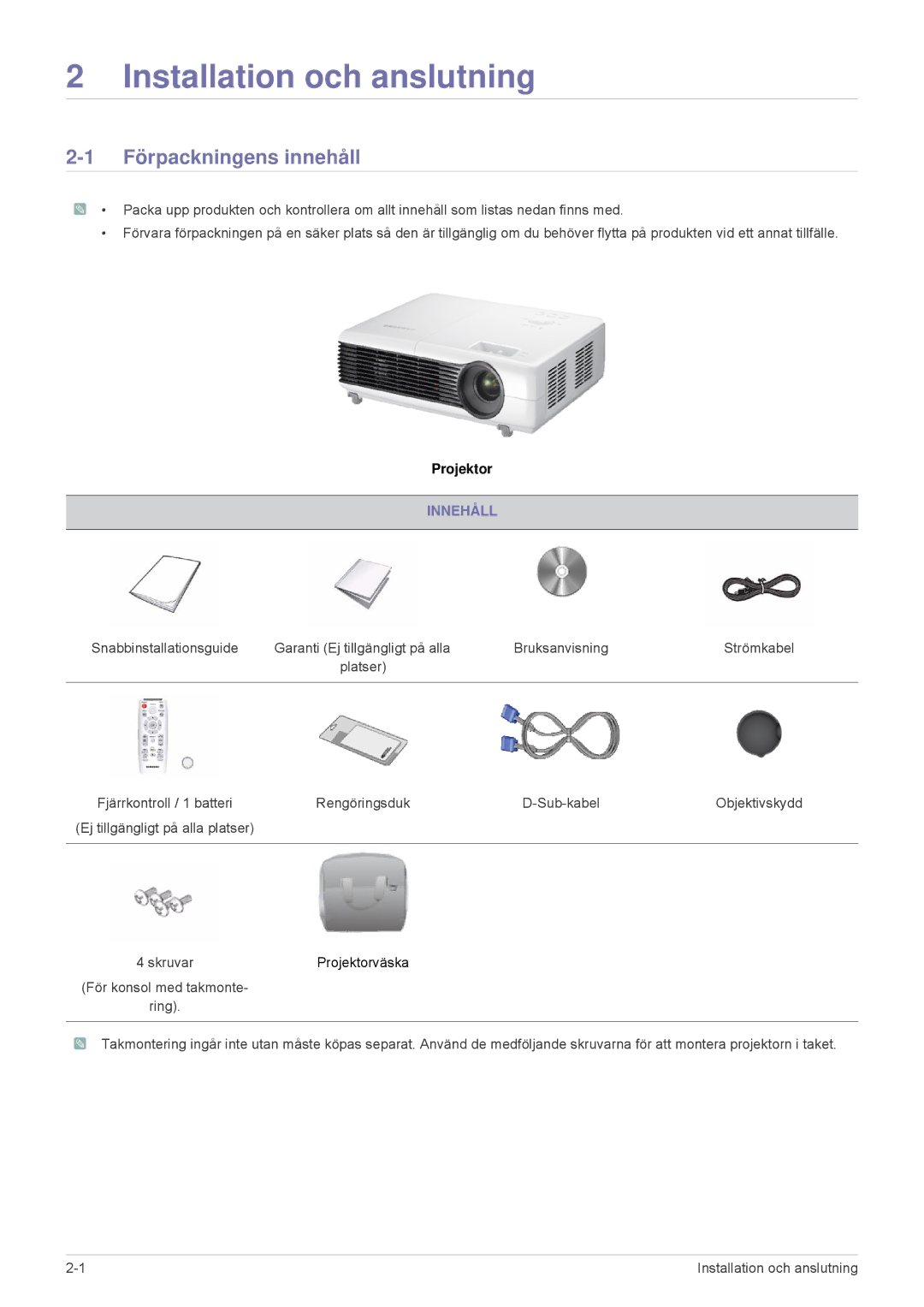 Samsung SP2203XWX/EN, SP2503XWX/EN manual Förpackningens innehåll, Innehåll 