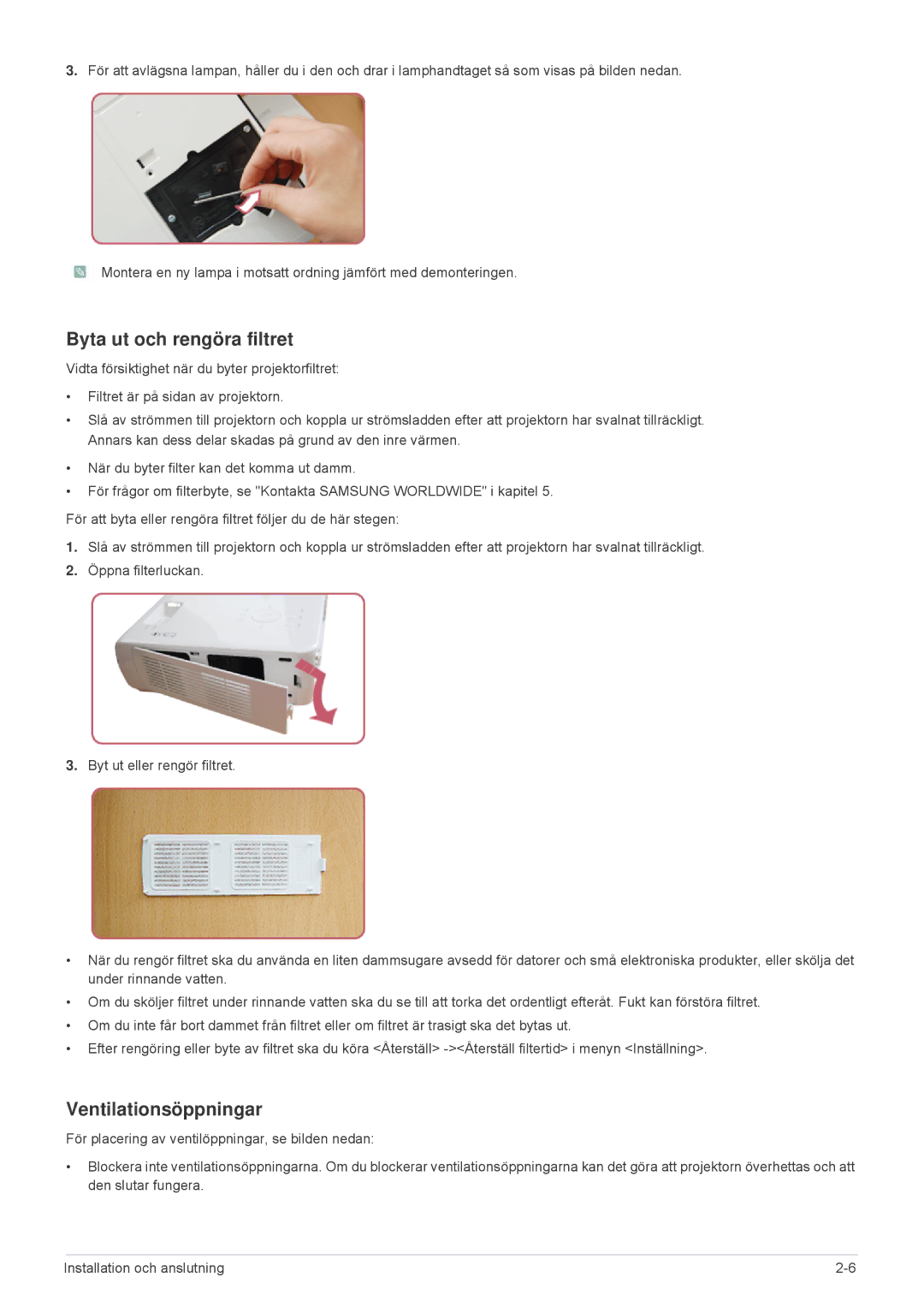 Samsung SP2503XWX/EN, SP2203XWX/EN manual Byta ut och rengöra filtret, Ventilationsöppningar 
