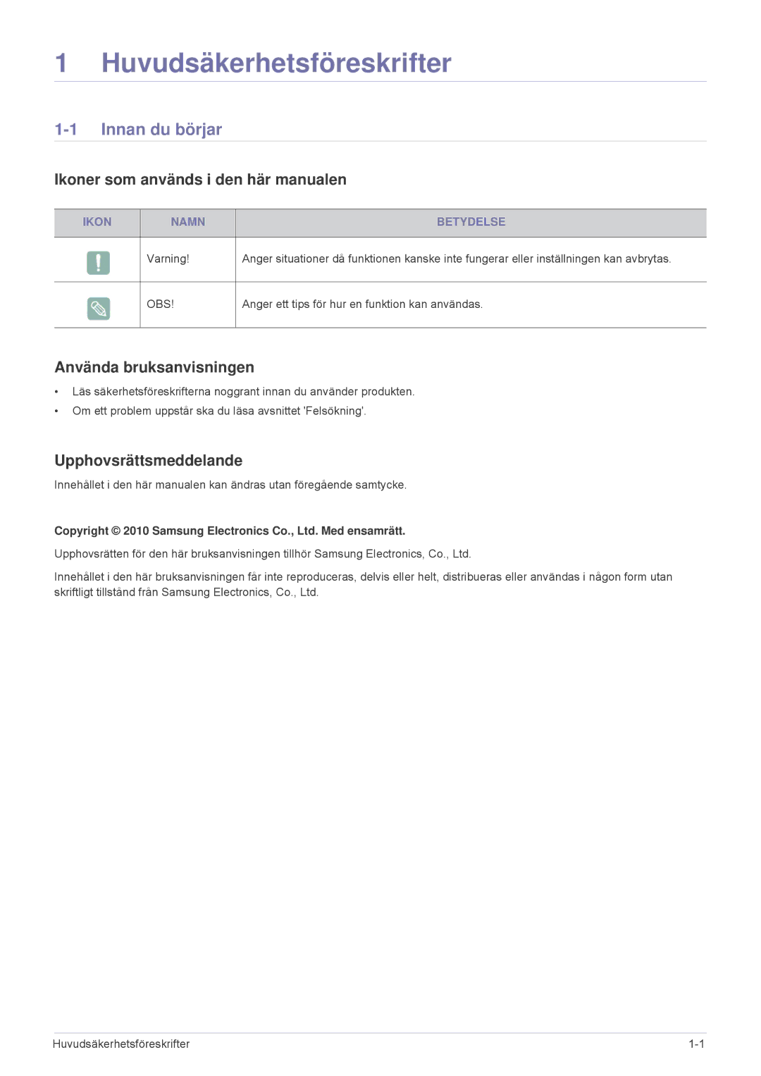 Samsung SP2503XWX/EN Innan du börjar, Ikoner som används i den här manualen, Använda bruksanvisningen, Ikon Namn Betydelse 