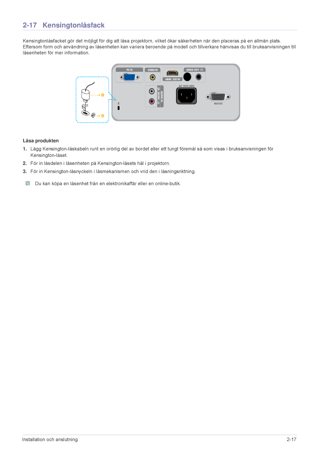 Samsung SP2503XWX/EN, SP2203XWX/EN manual Kensingtonlåsfack, Låsa produkten 