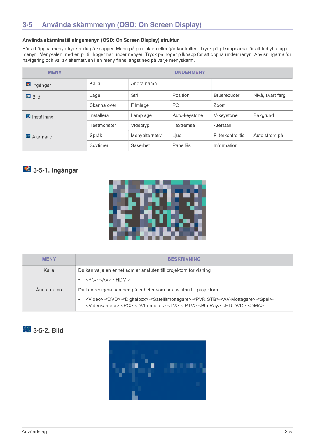 Samsung SP2503XWX/EN manual Använda skärmmenyn OSD On Screen Display, Ingångar, Bild, Meny Undermeny, Meny Beskrivning 