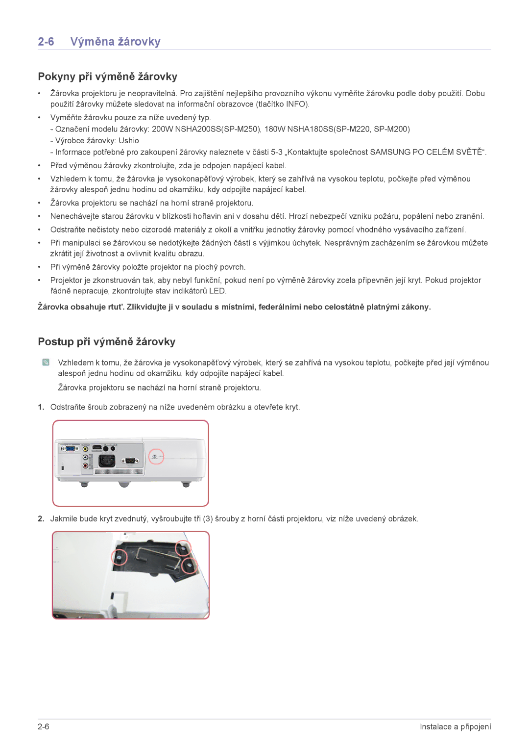 Samsung SP2203XWX/EN manual Výměna žárovky, Pokyny při výměně žárovky, Postup při výměně žárovky 