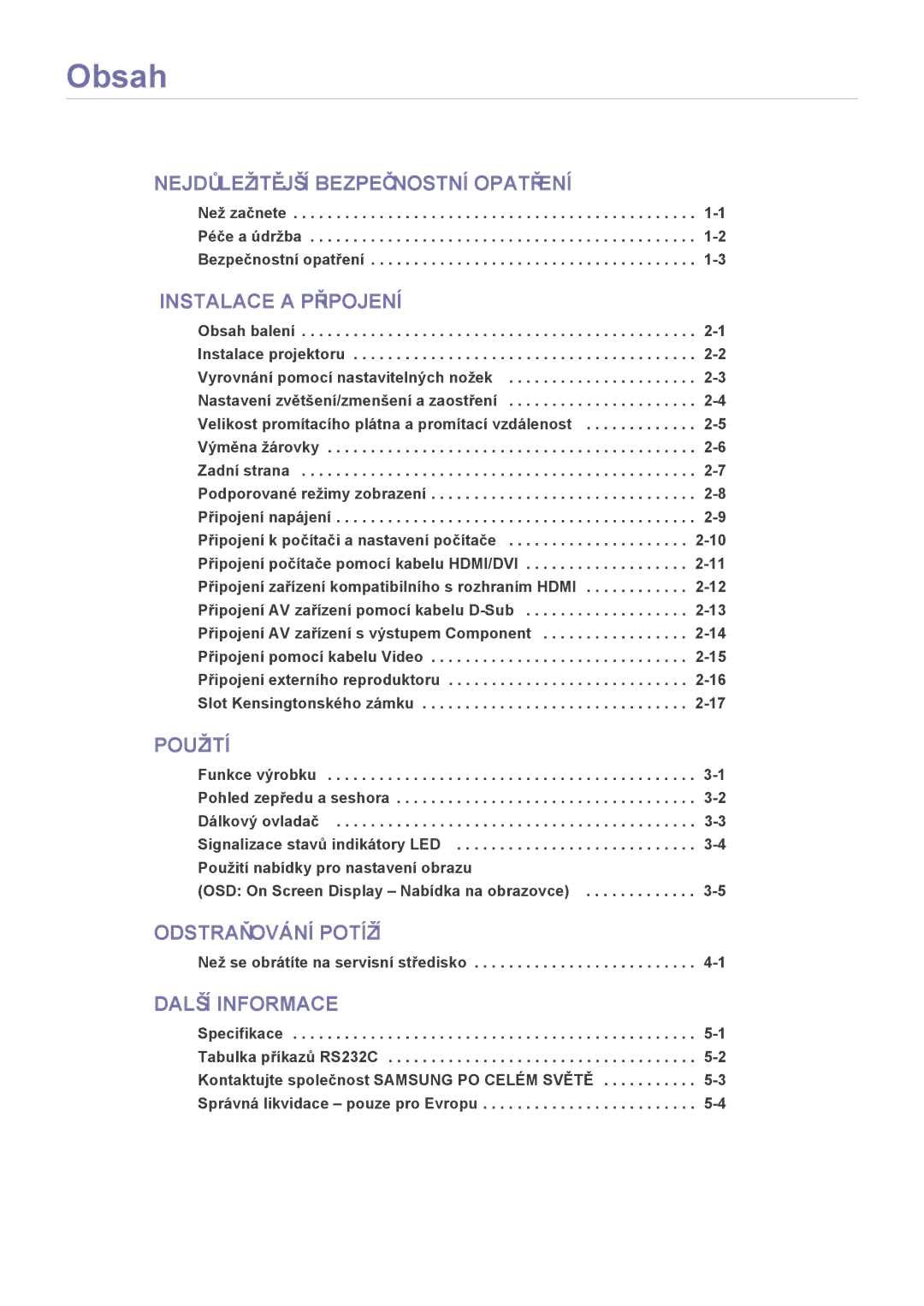 Samsung SP2203XWX/EN manual Obsah 