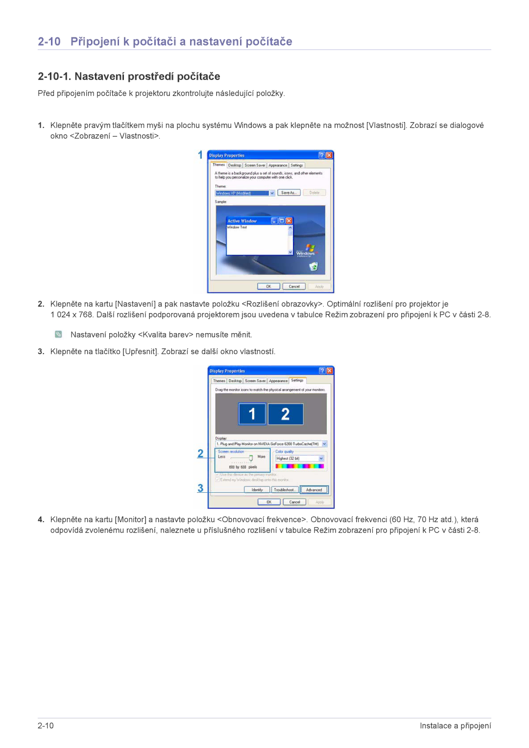 Samsung SP2203XWX/EN manual 10 Připojení k počítači a nastavení počítače, Nastavení prostředí počítače 