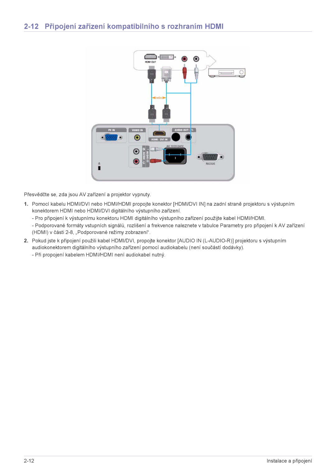 Samsung SP2203XWX/EN manual 12 Připojení zařízení kompatibilního s rozhraním Hdmi 