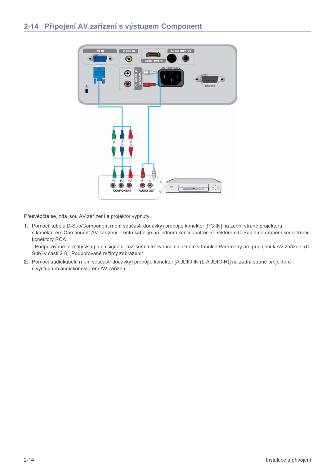 Samsung SP2203XWX/EN manual 14 Připojení AV zařízení s výstupem Component 