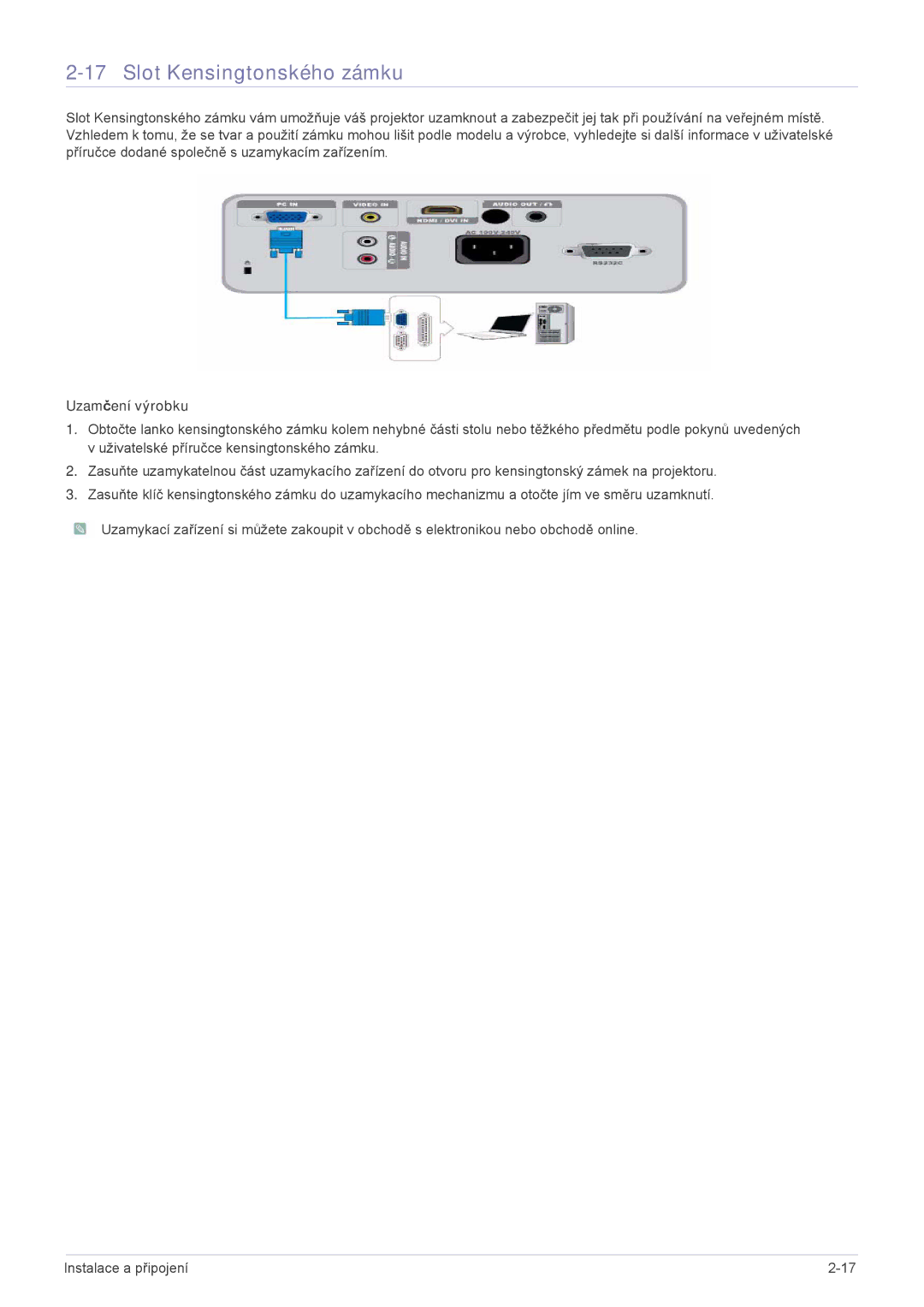 Samsung SP2203XWX/EN manual Slot Kensingtonského zámku, Uzamčení výrobku 