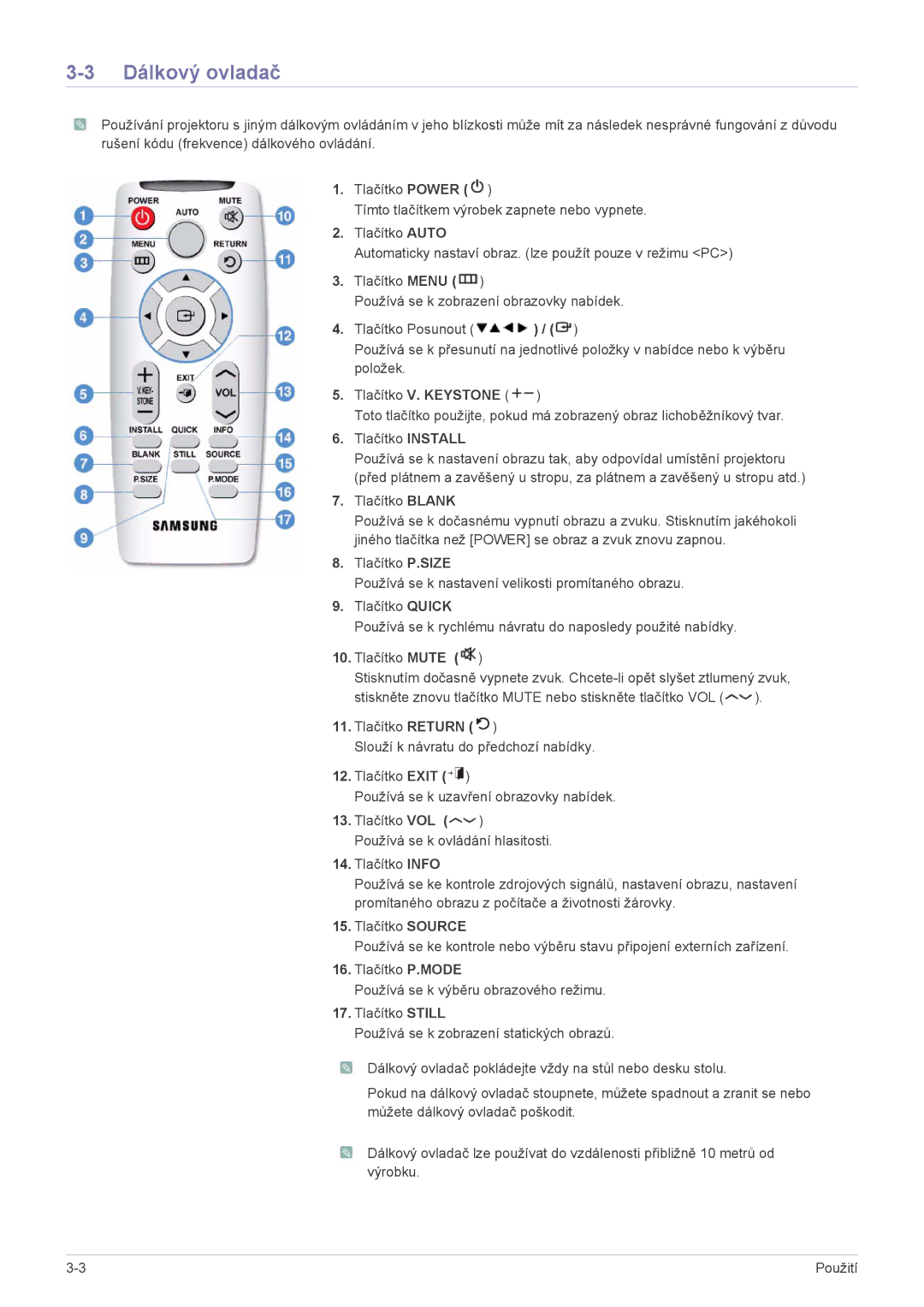 Samsung SP2203XWX/EN manual Dálkový ovladač 