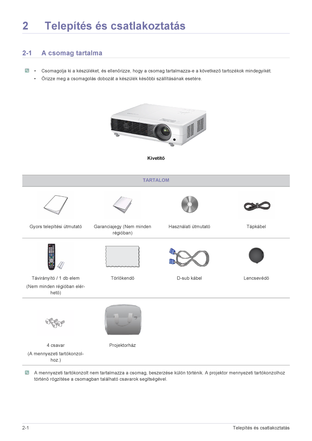 Samsung SP2053WWX/EN, SP2253WWX/EN manual Csomag tartalma, Tartalom 