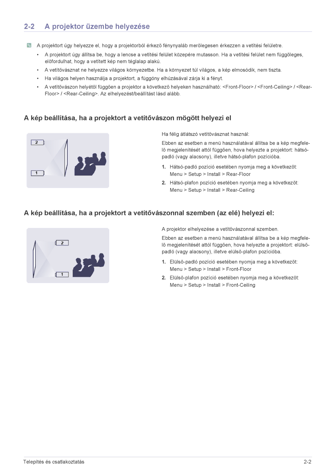 Samsung SP2253WWX/EN, SP2053WWX/EN manual Projektor üzembe helyezése, Ha félig átlátszó vetítővásznat használ 