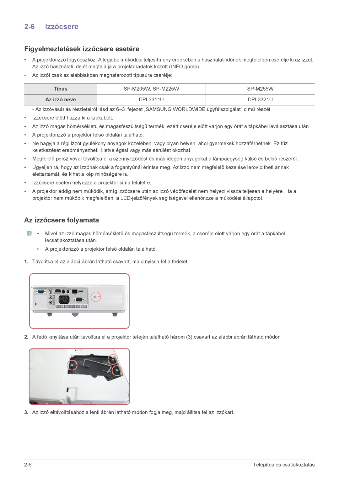 Samsung SP2053WWX/EN manual Izzócsere, Figyelmeztetések izzócsere esetére, Az izzócsere folyamata, Típus, Az izzó neve 