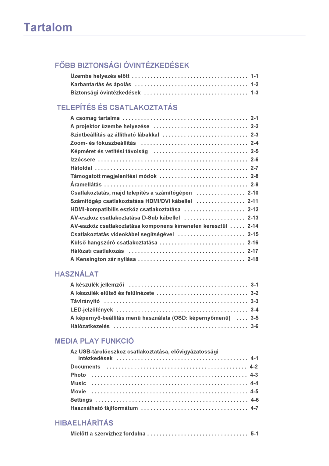 Samsung SP2253WWX/EN, SP2053WWX/EN manual Tartalom 