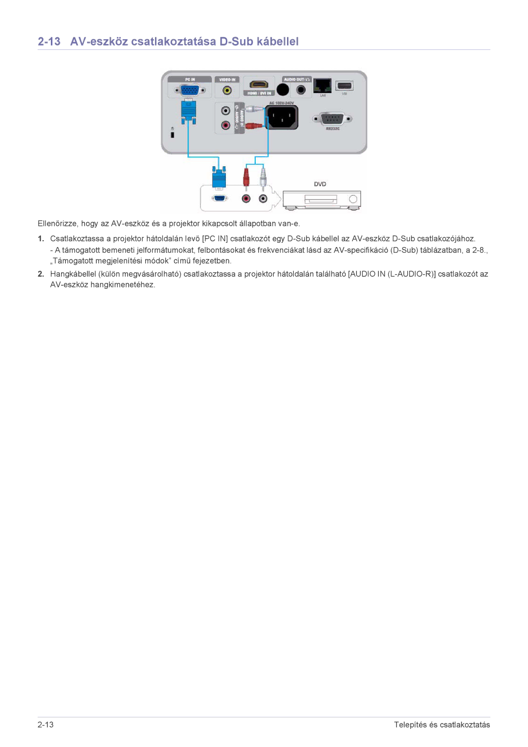 Samsung SP2253WWX/EN, SP2053WWX/EN manual AV-eszköz csatlakoztatása D-Sub kábellel 