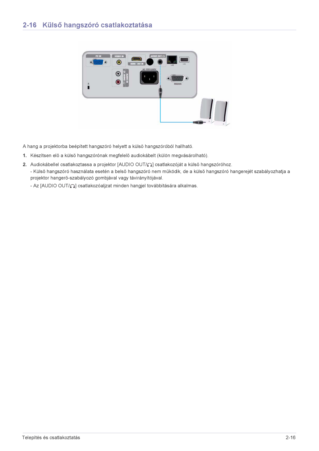 Samsung SP2053WWX/EN, SP2253WWX/EN manual 16 Külső hangszóró csatlakoztatása 