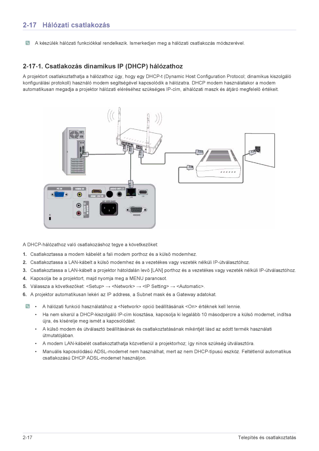 Samsung SP2253WWX/EN, SP2053WWX/EN manual 17 Hálózati csatlakozás, Csatlakozás dinamikus IP Dhcp hálózathoz 