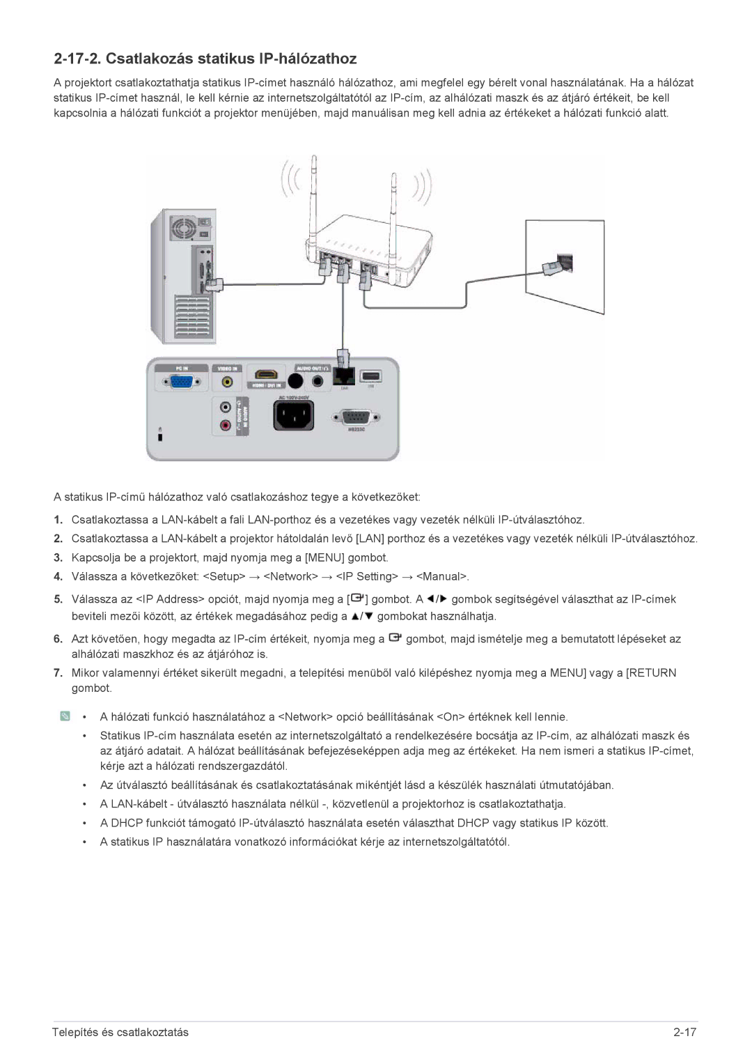 Samsung SP2053WWX/EN, SP2253WWX/EN manual Csatlakozás statikus IP-hálózathoz 