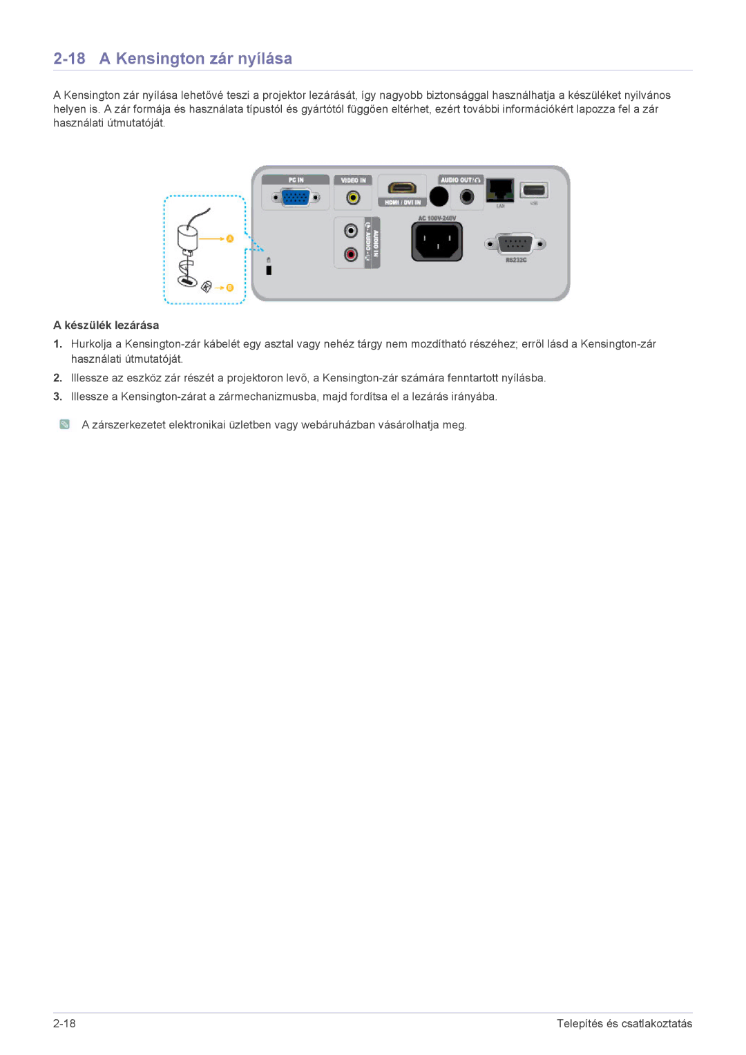 Samsung SP2253WWX/EN, SP2053WWX/EN manual Kensington zár nyílása, Készülék lezárása 