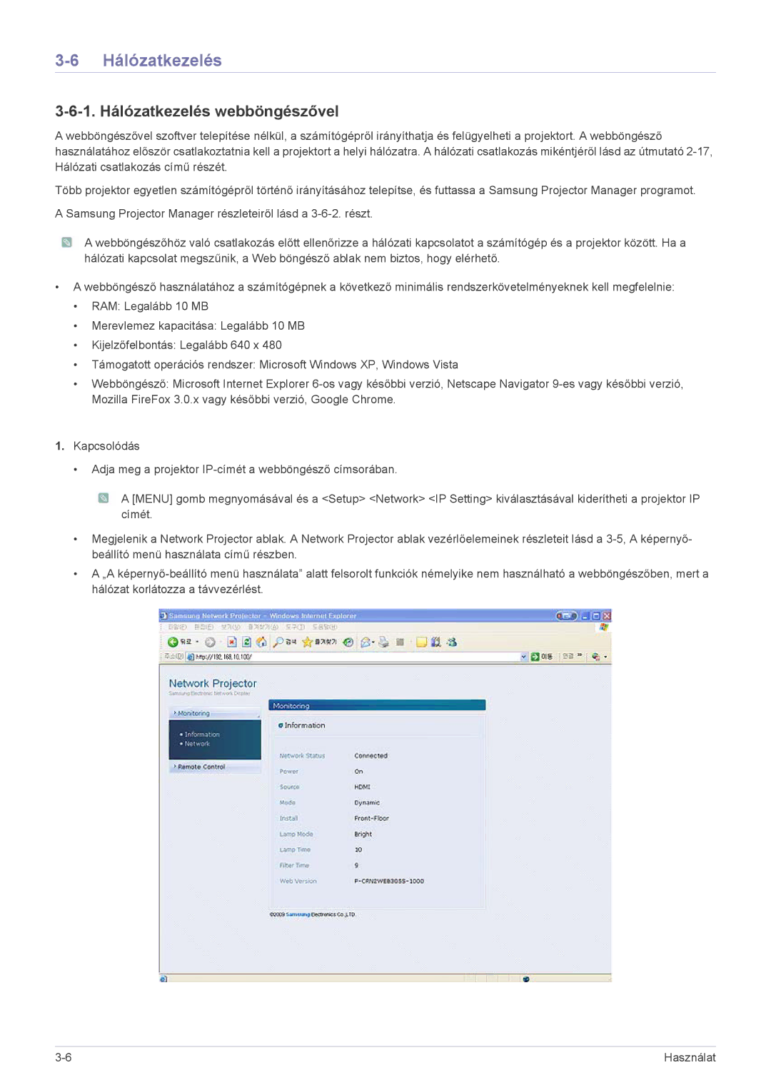 Samsung SP2253WWX/EN, SP2053WWX/EN manual 1. Hálózatkezelés webböngészővel 