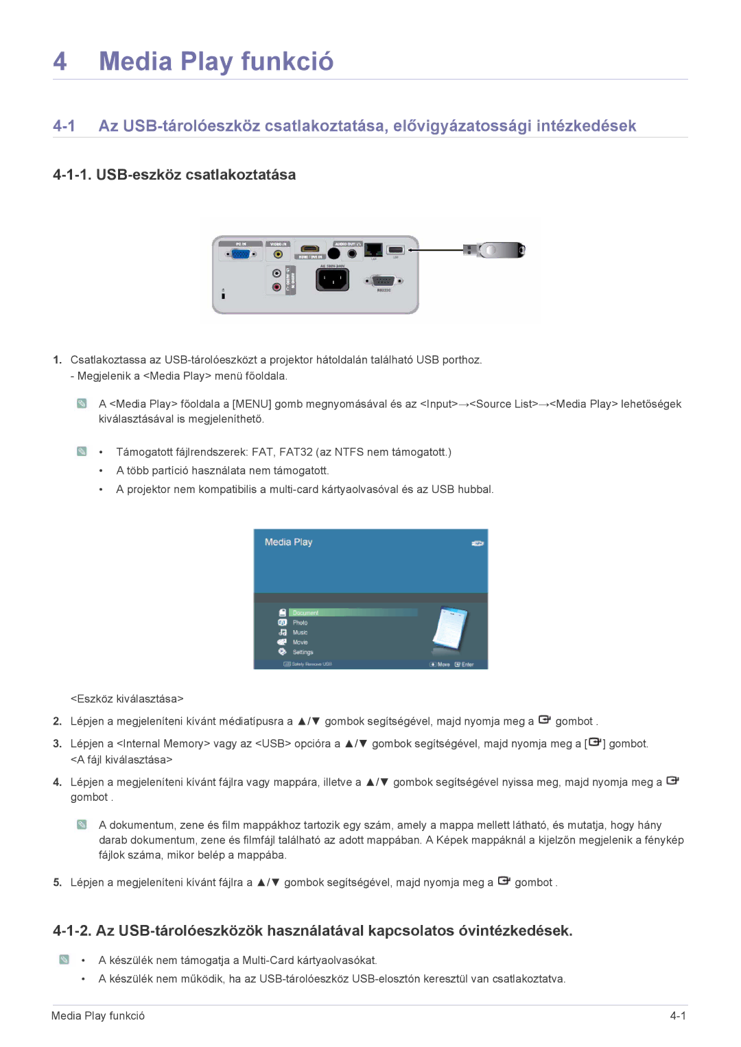 Samsung SP2053WWX/EN, SP2253WWX/EN manual Media Play funkció, USB-eszköz csatlakoztatása 